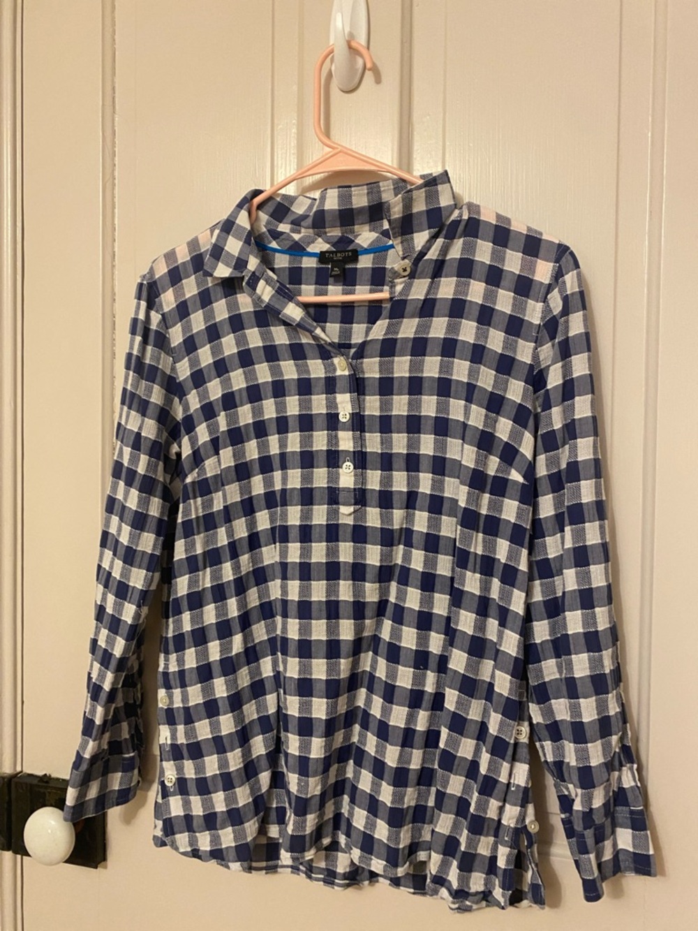 Talbots Navy and White Gingham Button Pullover Shirt